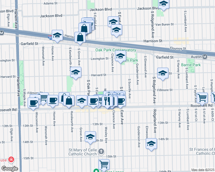 map of restaurants, bars, coffee shops, grocery stores, and more near 1123 Clarence Avenue in Oak Park