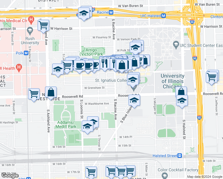 map of restaurants, bars, coffee shops, grocery stores, and more near 1211 W Grenshaw St in Chicago