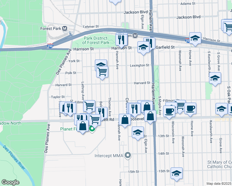 map of restaurants, bars, coffee shops, grocery stores, and more near 1014 Thomas Avenue in Forest Park