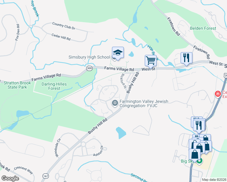 map of restaurants, bars, coffee shops, grocery stores, and more near 73 Stratton Forest Way in Simsbury