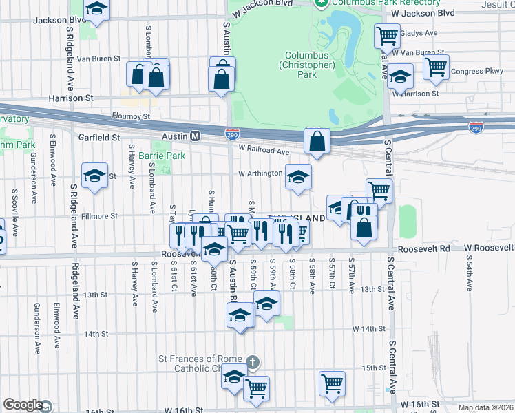 map of restaurants, bars, coffee shops, grocery stores, and more near 1037 South Mason Avenue in Chicago