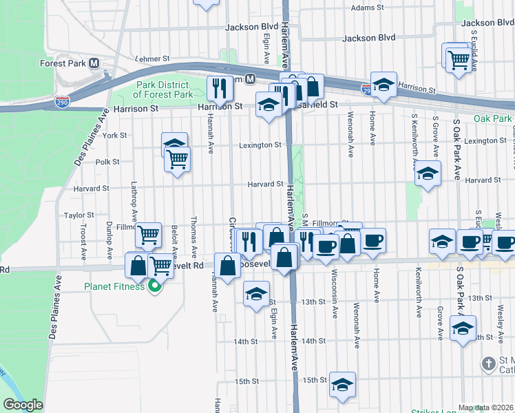 map of restaurants, bars, coffee shops, grocery stores, and more near 1015 Marengo Avenue in Forest Park