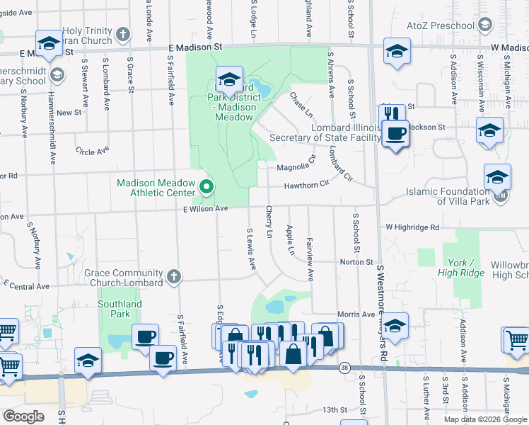 map of restaurants, bars, coffee shops, grocery stores, and more near 930 Cherry Lane in Lombard