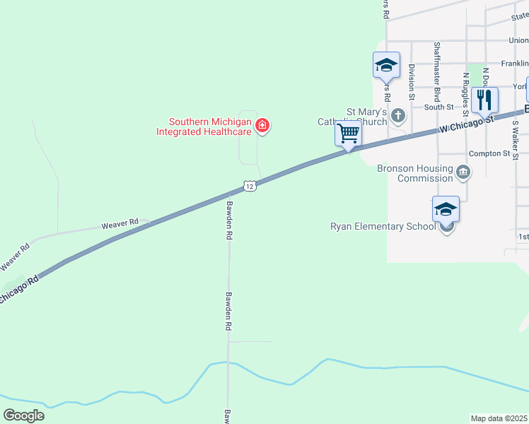 map of restaurants, bars, coffee shops, grocery stores, and more near 895 West Chicago Road in Bronson