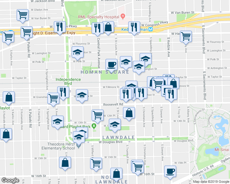 map of restaurants, bars, coffee shops, grocery stores, and more near 1114 South Saint Louis Avenue in Chicago