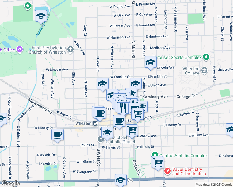 map of restaurants, bars, coffee shops, grocery stores, and more near 208 West Union Avenue in Wheaton