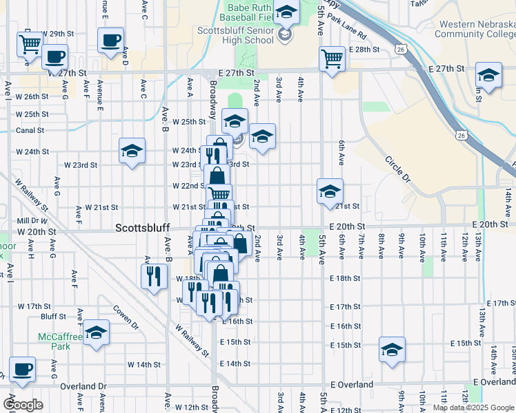 map of restaurants, bars, coffee shops, grocery stores, and more near 2100 2nd Avenue in Scottsbluff