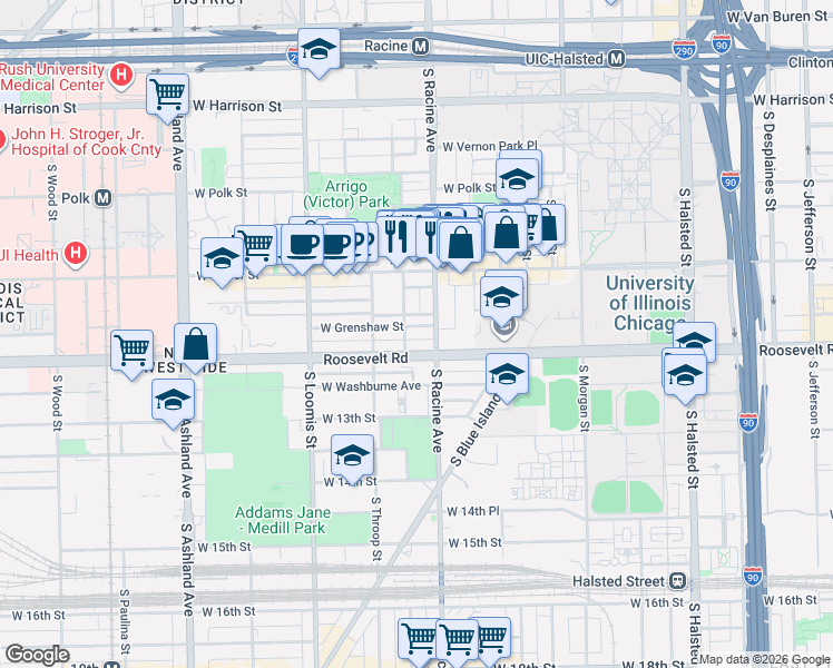 map of restaurants, bars, coffee shops, grocery stores, and more near 1204 West Grenshaw Street in Chicago