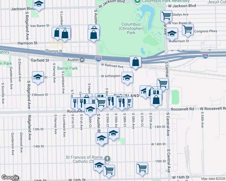 map of restaurants, bars, coffee shops, grocery stores, and more near 1037 South Mason Avenue in Chicago