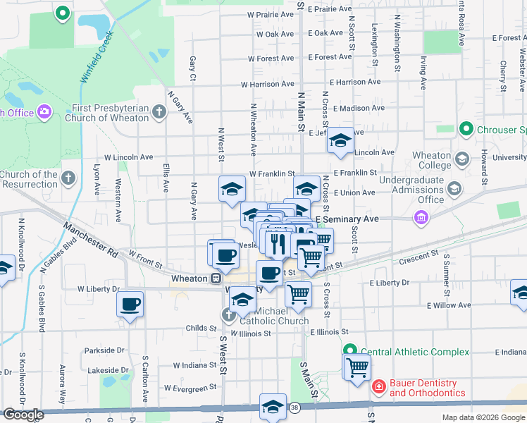 map of restaurants, bars, coffee shops, grocery stores, and more near 208 West Union Avenue in Wheaton