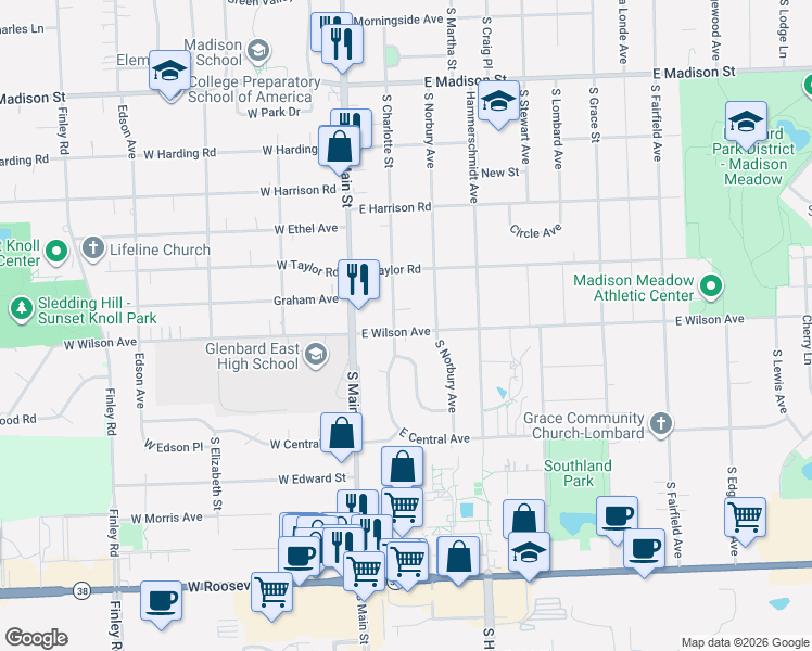 map of restaurants, bars, coffee shops, grocery stores, and more near 939 South Charlotte Street in Lombard