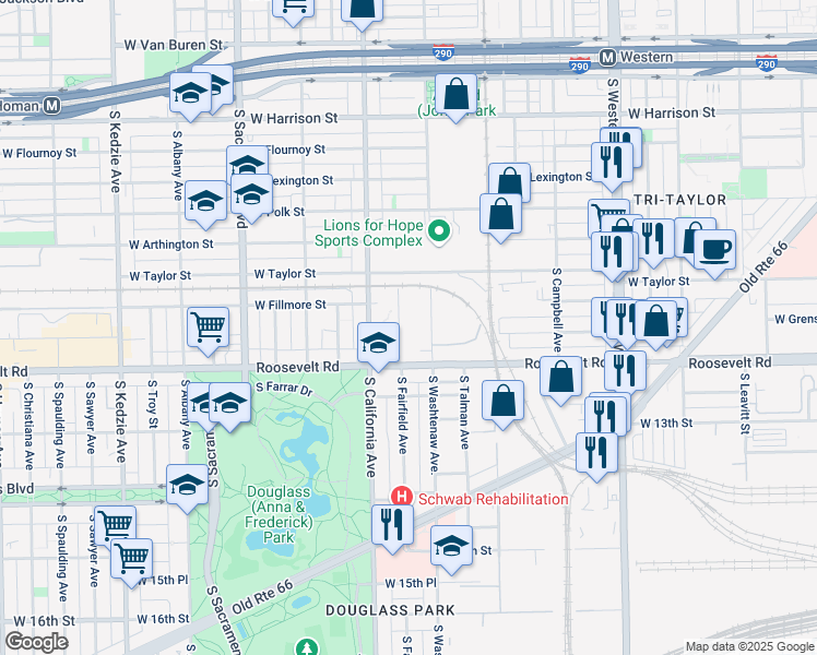 map of restaurants, bars, coffee shops, grocery stores, and more near 1117 South Fairfield Avenue in Chicago