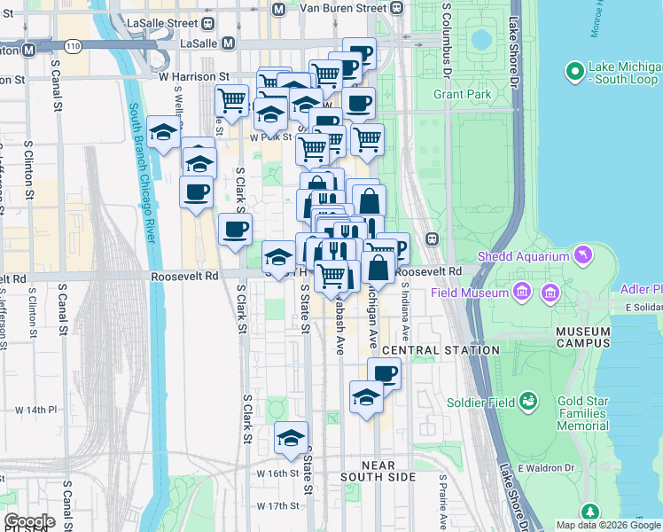 map of restaurants, bars, coffee shops, grocery stores, and more near 1149 South Wabash Avenue in Chicago