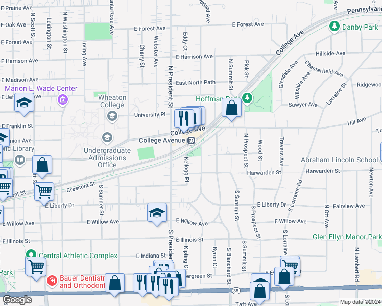 map of restaurants, bars, coffee shops, grocery stores, and more near 1100 Crescent Street in Wheaton