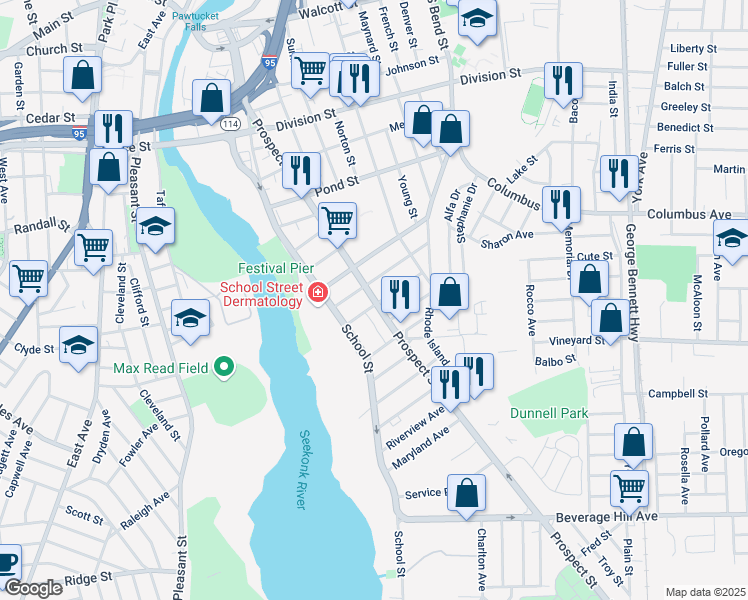 map of restaurants, bars, coffee shops, grocery stores, and more near Prospect Street in Pawtucket