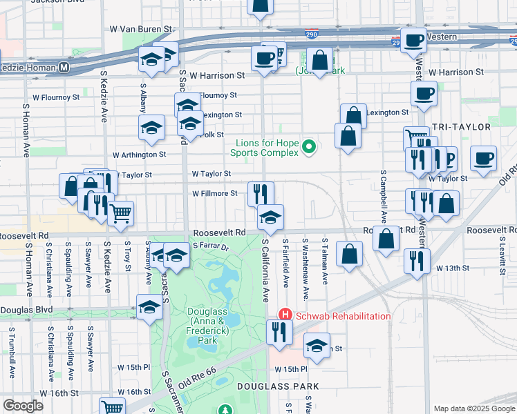 map of restaurants, bars, coffee shops, grocery stores, and more near 1118 South California Avenue in Chicago