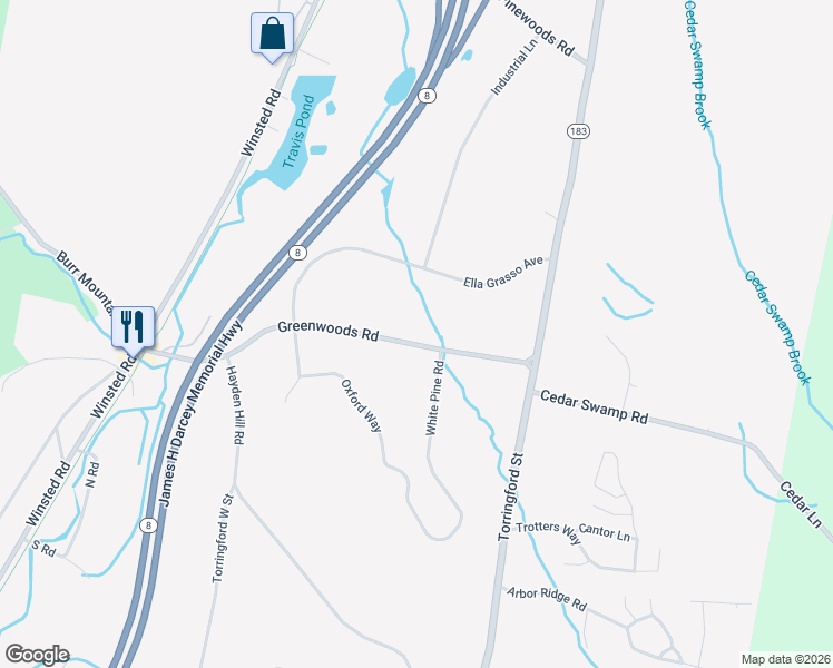 map of restaurants, bars, coffee shops, grocery stores, and more near 399 Greenwoods Road in Torrington