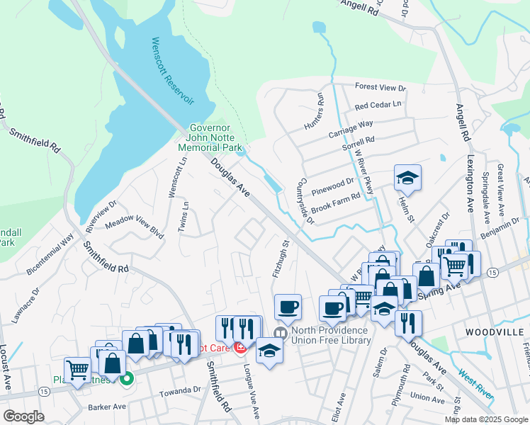 map of restaurants, bars, coffee shops, grocery stores, and more near in North Providence