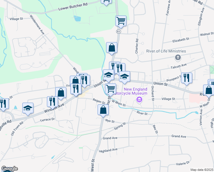 map of restaurants, bars, coffee shops, grocery stores, and more near 3 Windsor Avenue in Vernon