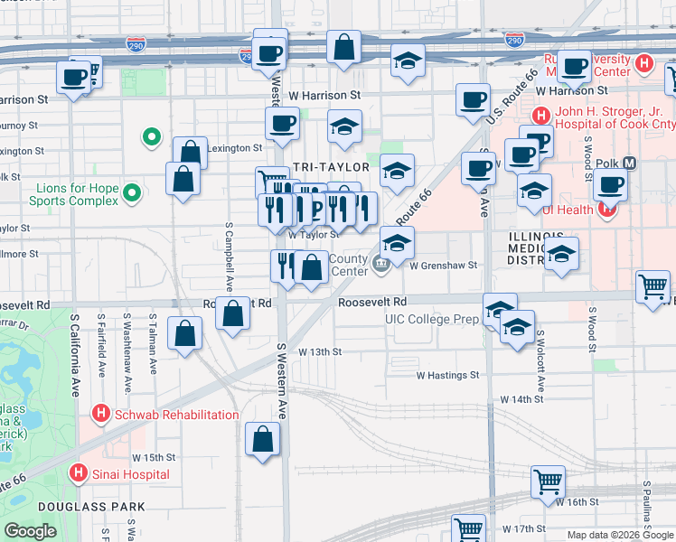map of restaurants, bars, coffee shops, grocery stores, and more near 1032 South Oakley Boulevard in Chicago