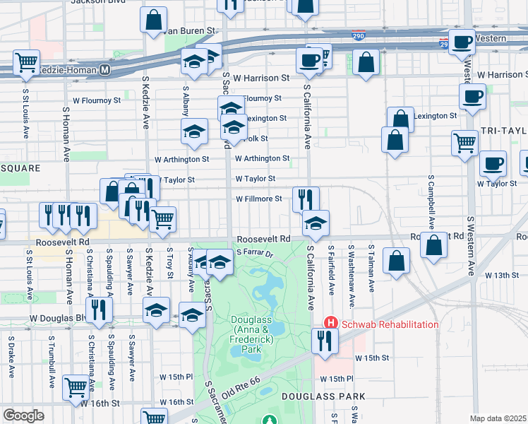 map of restaurants, bars, coffee shops, grocery stores, and more near 1106 South Francisco Avenue in Chicago
