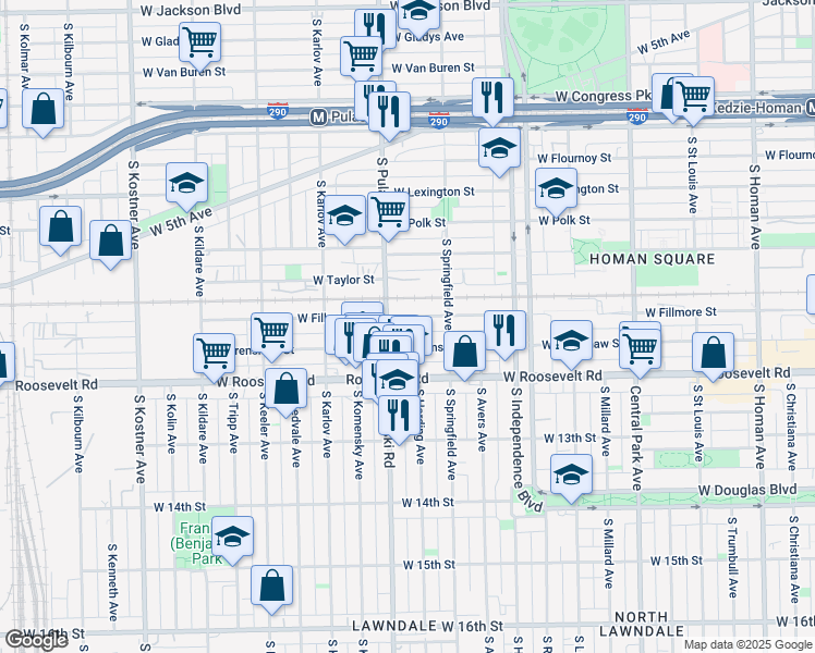 map of restaurants, bars, coffee shops, grocery stores, and more near 3945 West Fillmore Street in Chicago