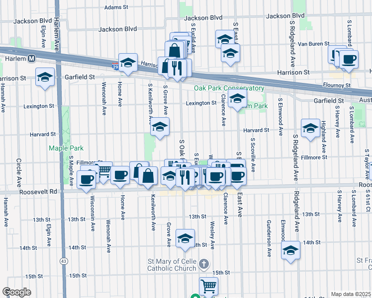 map of restaurants, bars, coffee shops, grocery stores, and more near 1122 South Oak Park Avenue in Oak Park