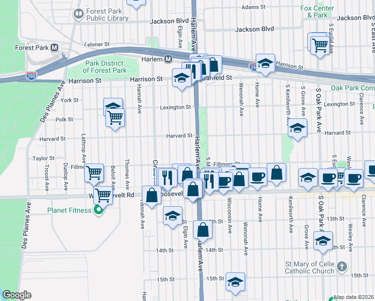 map of restaurants, bars, coffee shops, grocery stores, and more near 1014 Elgin Avenue in Forest Park