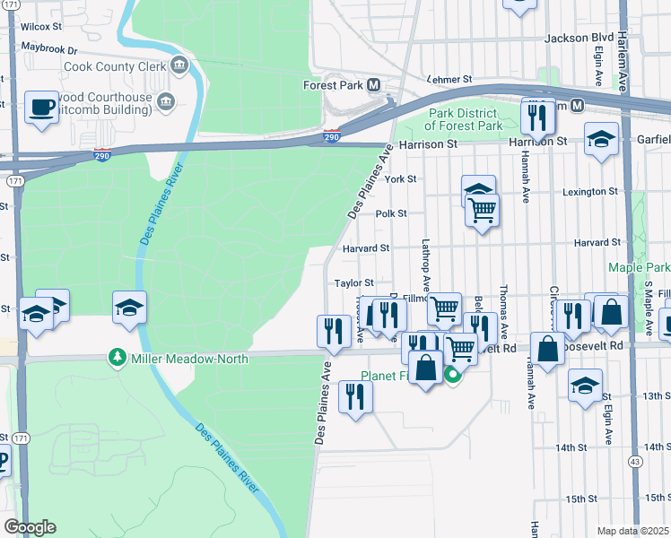 map of restaurants, bars, coffee shops, grocery stores, and more near 1013 Des Plaines Avenue in Forest Park