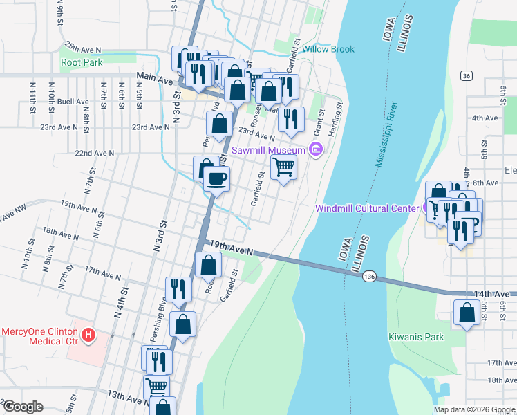 map of restaurants, bars, coffee shops, grocery stores, and more near 2021 Garfield Street in Clinton