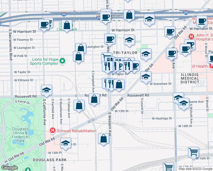map of restaurants, bars, coffee shops, grocery stores, and more near 2406 West Grenshaw Street in Chicago