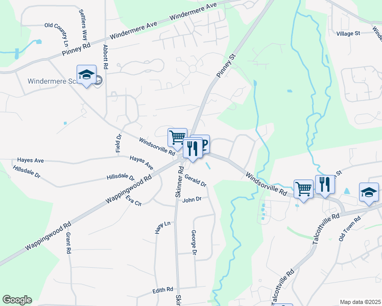 map of restaurants, bars, coffee shops, grocery stores, and more near 185 Windsorville Road in Ellington