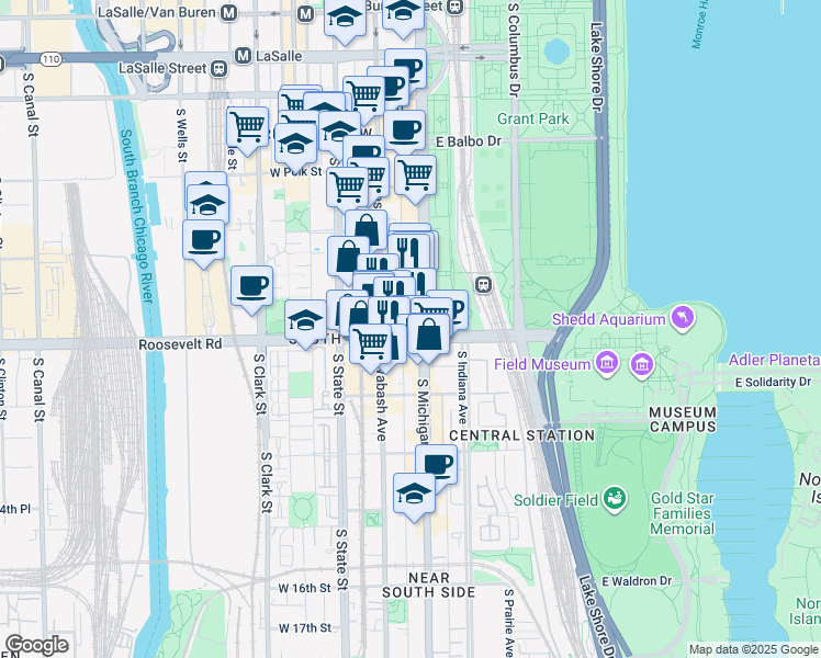 map of restaurants, bars, coffee shops, grocery stores, and more near 1160 South Michigan Avenue in Chicago