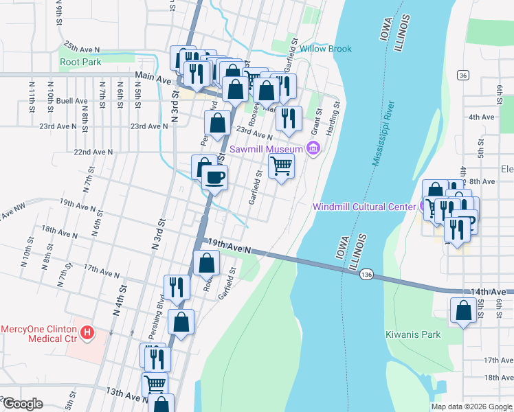 map of restaurants, bars, coffee shops, grocery stores, and more near 2021 Garfield Street in Clinton