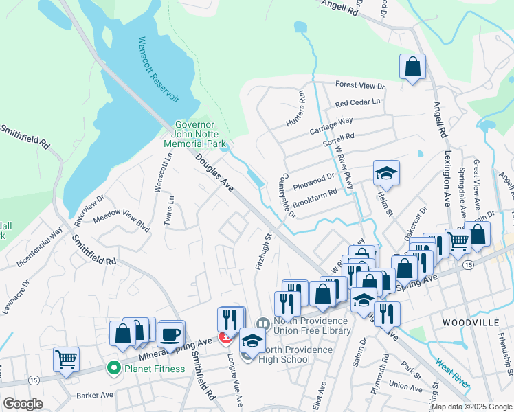 map of restaurants, bars, coffee shops, grocery stores, and more near 1565 Douglas Avenue in North Providence