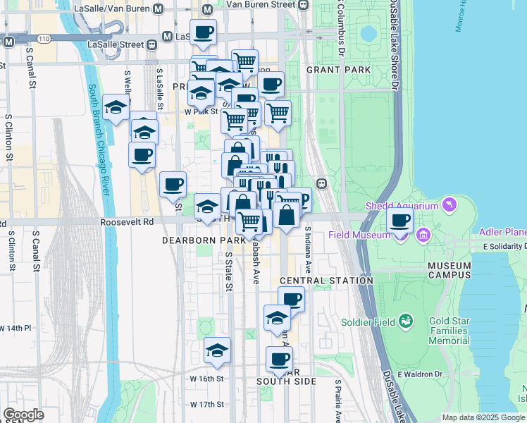 map of restaurants, bars, coffee shops, grocery stores, and more near 1149 South Wabash Avenue in Chicago