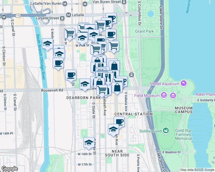 map of restaurants, bars, coffee shops, grocery stores, and more near 1149 South Wabash Avenue in Chicago