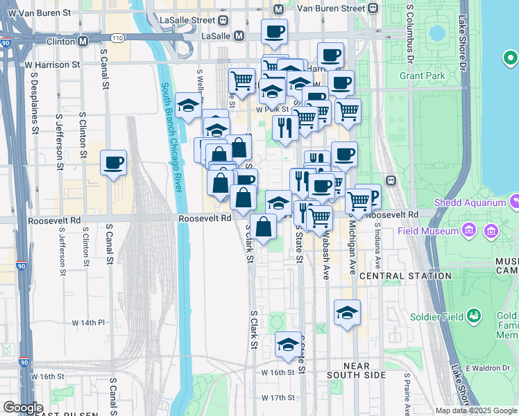 map of restaurants, bars, coffee shops, grocery stores, and more near 1000 South Columbus Drive in Chicago
