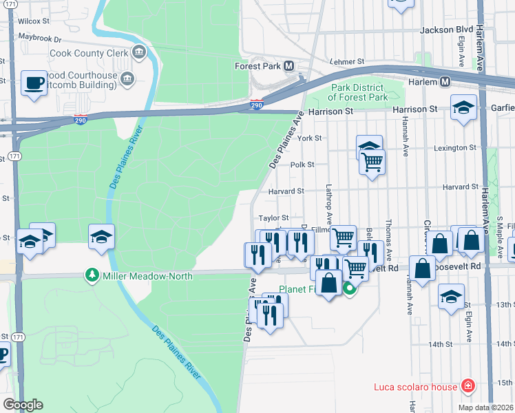 map of restaurants, bars, coffee shops, grocery stores, and more near 1020 Desplaines Avenue in Forest Park