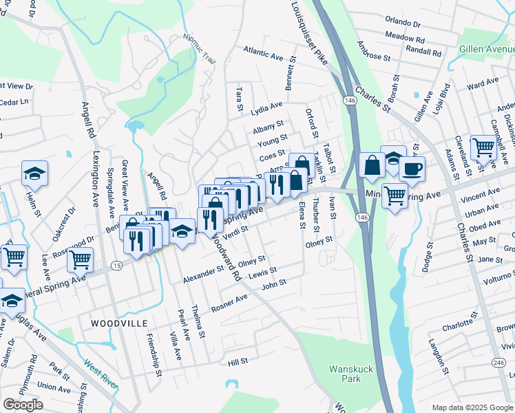map of restaurants, bars, coffee shops, grocery stores, and more near 1315 Mineral Spring Avenue in North Providence