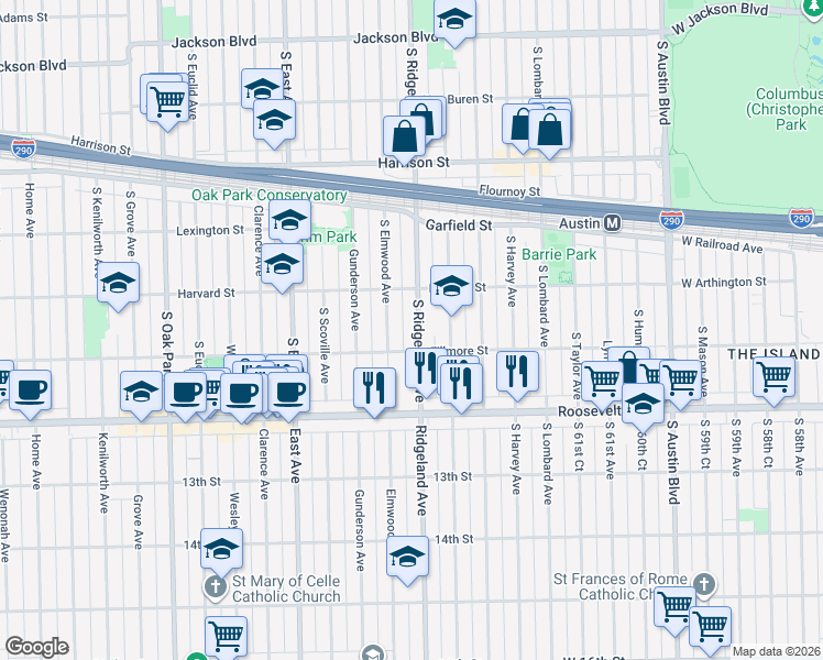 map of restaurants, bars, coffee shops, grocery stores, and more near 1133 South Ridgeland Avenue in Oak Park
