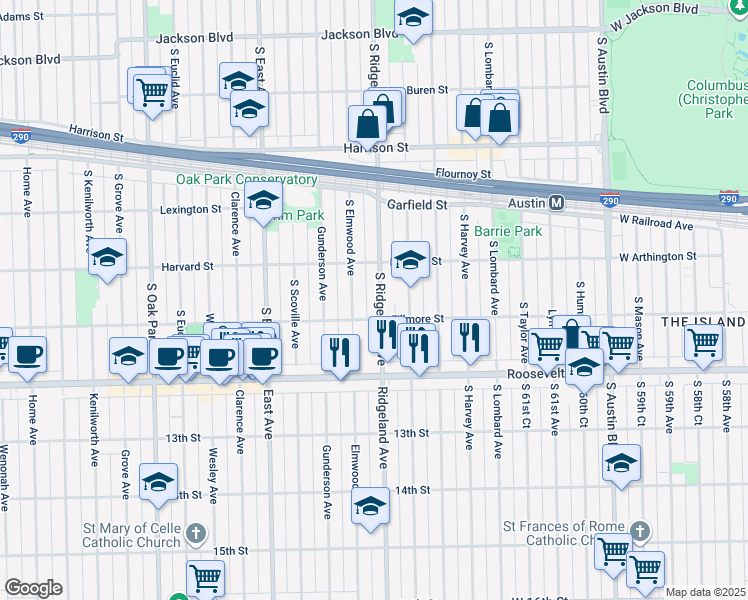 map of restaurants, bars, coffee shops, grocery stores, and more near 1133 South Ridgeland Avenue in Oak Park