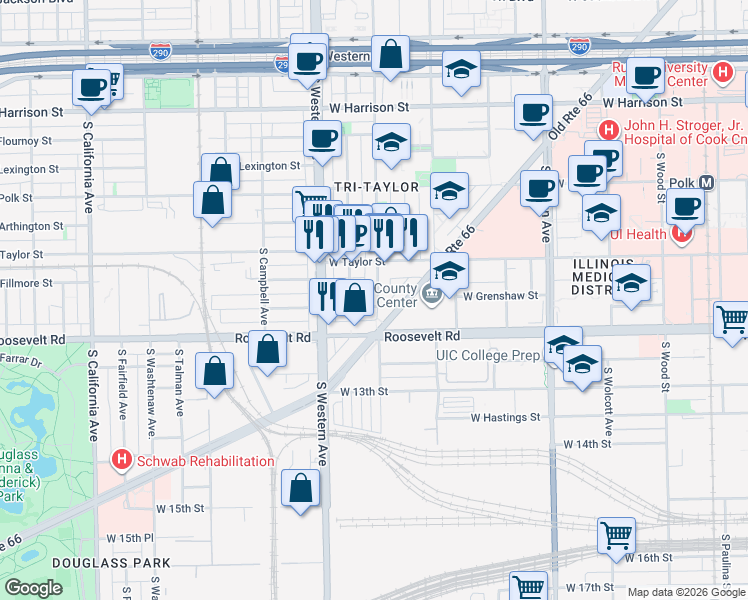 map of restaurants, bars, coffee shops, grocery stores, and more near 1032 South Oakley Boulevard in Chicago