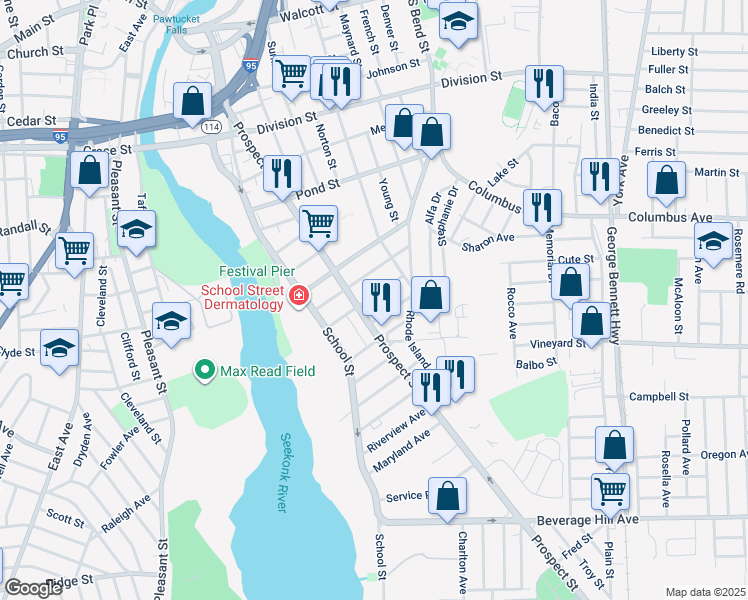 map of restaurants, bars, coffee shops, grocery stores, and more near 93 Linwood Avenue in Pawtucket