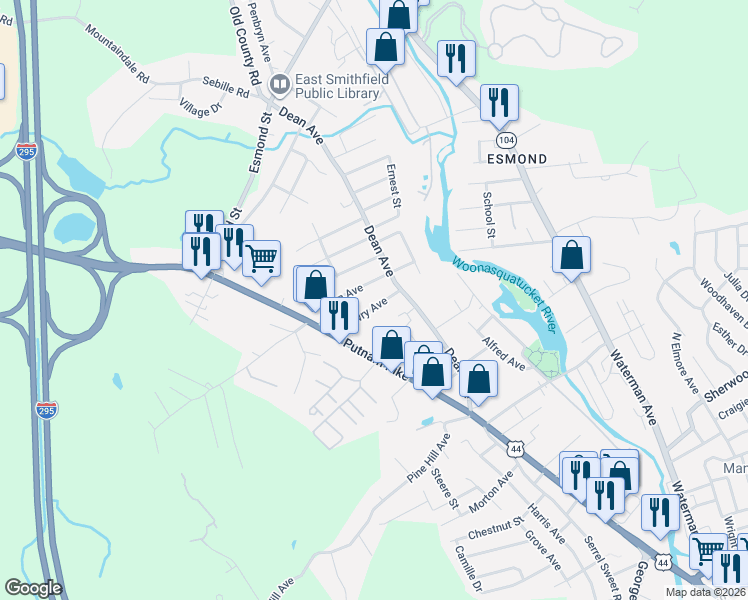 map of restaurants, bars, coffee shops, grocery stores, and more near 33 Susan Avenue in Johnston