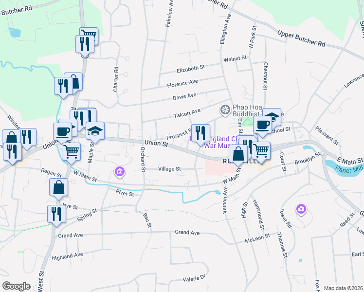 map of restaurants, bars, coffee shops, grocery stores, and more near 5 Oak Street in Vernon