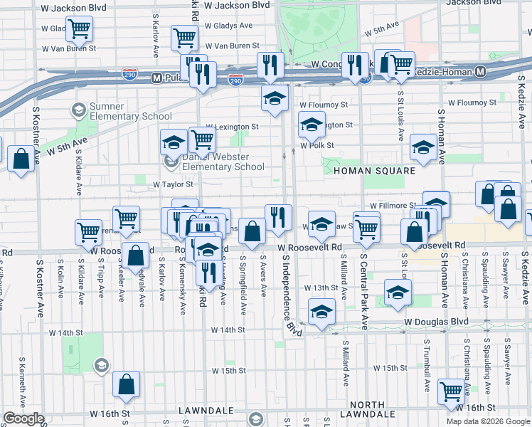 map of restaurants, bars, coffee shops, grocery stores, and more near 3829 West Fillmore Street in Chicago