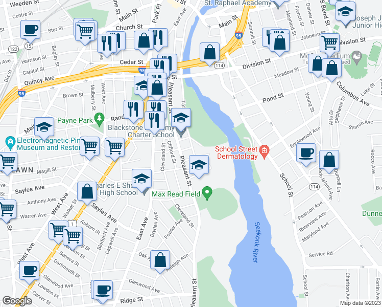 map of restaurants, bars, coffee shops, grocery stores, and more near 220 Taft Street in Pawtucket