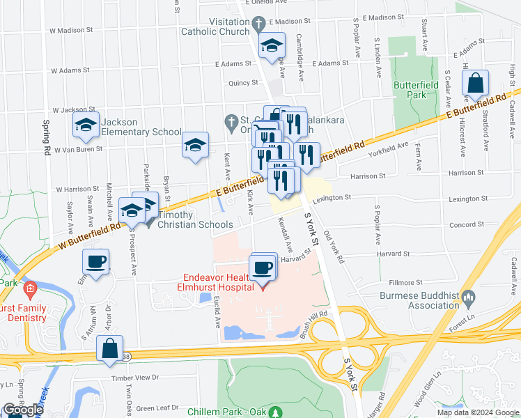 map of restaurants, bars, coffee shops, grocery stores, and more near 172 Mayo Court in Elmhurst