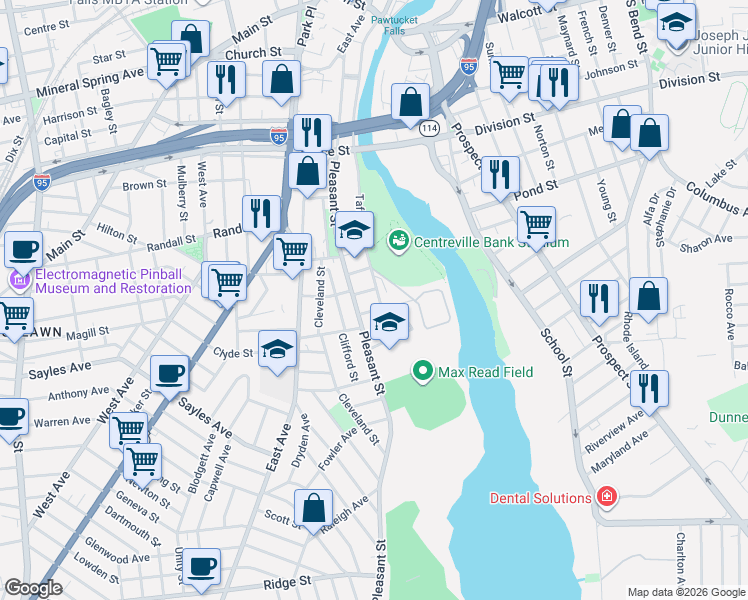 map of restaurants, bars, coffee shops, grocery stores, and more near 220 Taft Street in Pawtucket